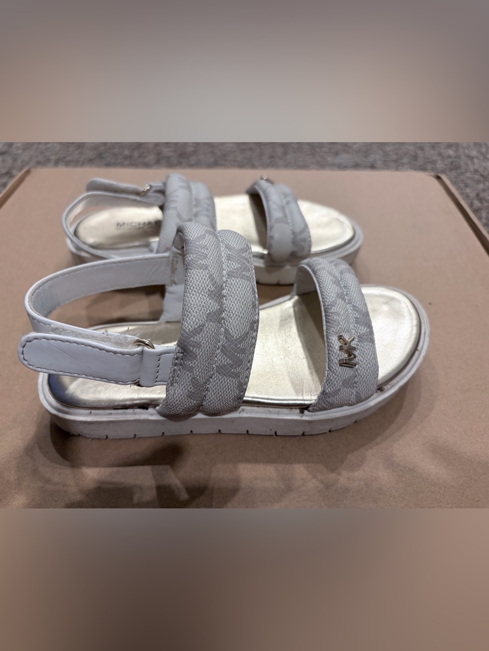 Michael Kors Light Gray White Logo Strap Sandals
